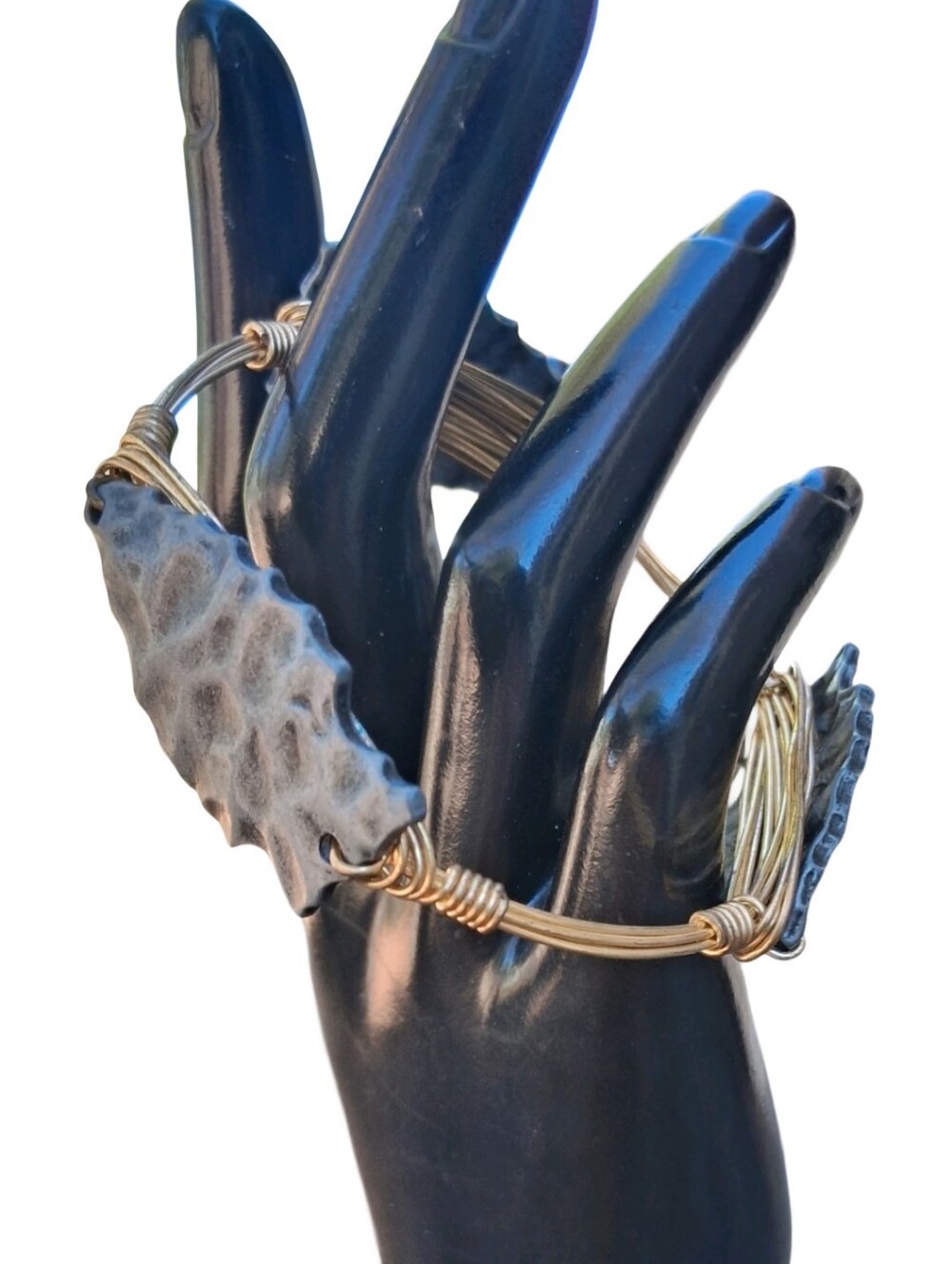 Bourbon and Boweties Triple Arrowhead Wire Wrapped Bangle Bracelet Gold Tone
